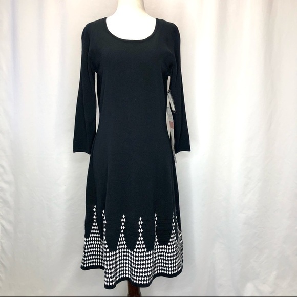 Nine West Dresses & Skirts - NWT Nine West knit dress black white intarsia fit and flare size medium